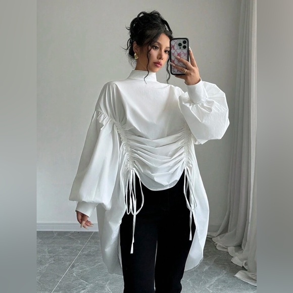 Elegant Solid Color Stand Collar Long Sleeve Casual Loose Pleated Shirt Top - Picture 1 of 6